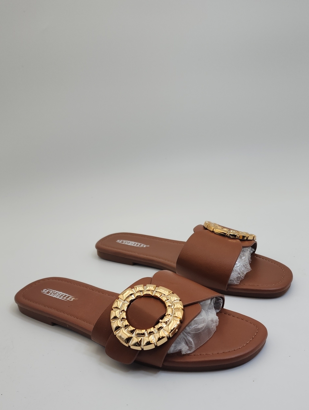 Seychelles Cognac Brown Leather Slide Sandals with Hammered Gold Buckle Sz 7.5 - Picture 3 of 11